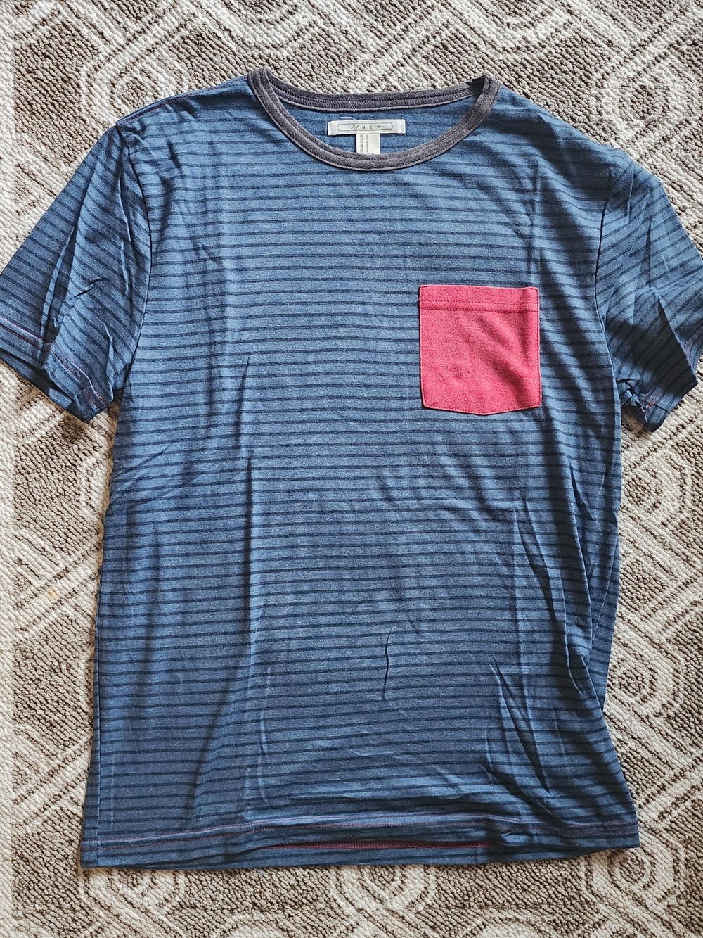 21men Navy Striped Short Sleeve Tee with Red Pocket